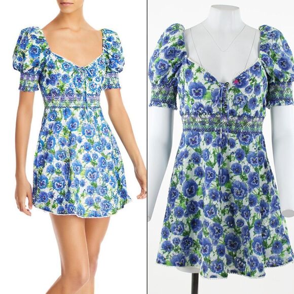 Alice + Olivia Crawford Floral Eyelet Smocked Cotton Minidress - Picture 1 of 7